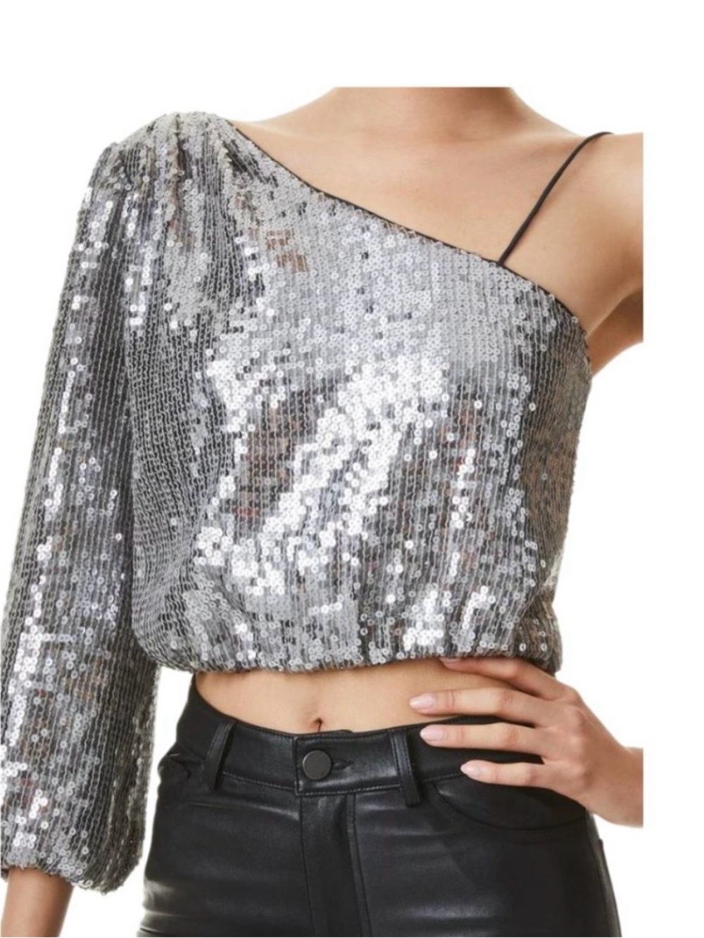 Alice + Olivia Lucinda Silver Sequin One-Shoulder Cropped Top